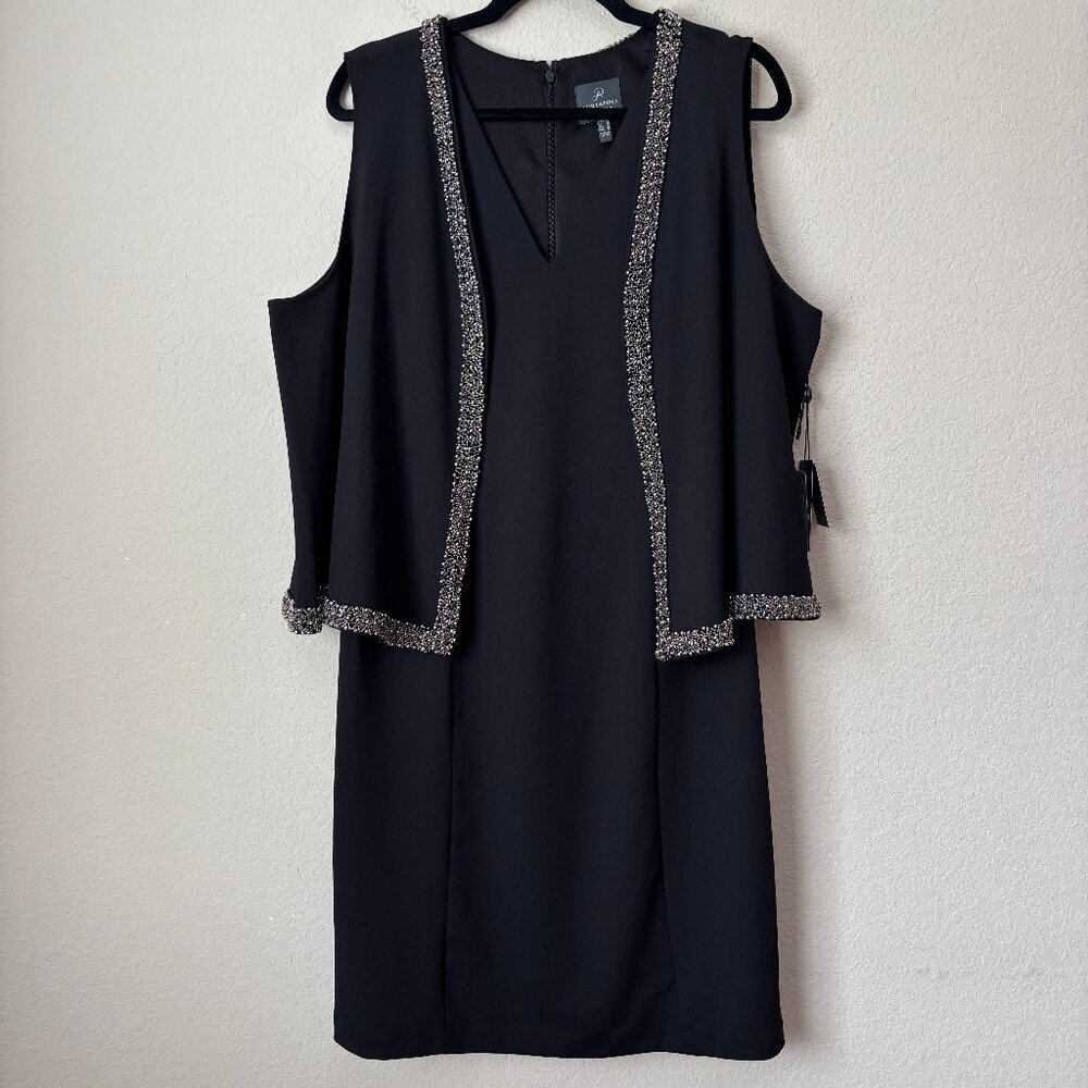 Adrianna Papell NEW 16 Beaded Cape Evening Black LBD Cocktail Dress